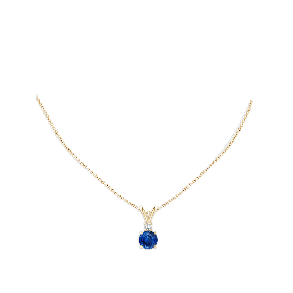 9mm AAA Round Blue Sapphire Solitaire V-Bale Pendant with Diamond in Yellow Gold pen