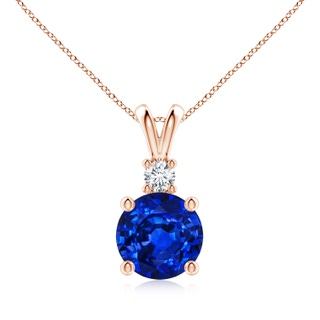 9mm AAAA Round Blue Sapphire Solitaire V-Bale Pendant with Diamond in Rose Gold