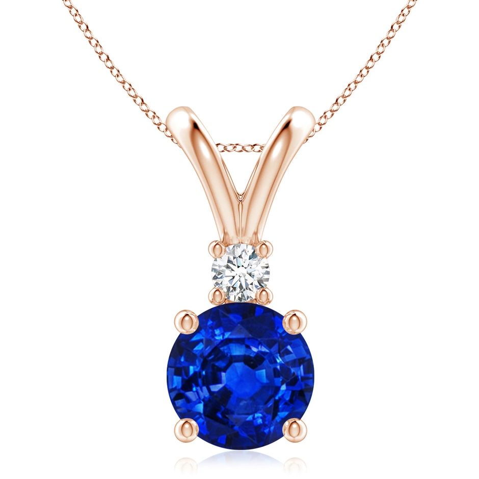 9mm AAAA Round Blue Sapphire Solitaire V-Bale Pendant with Diamond in Rose Gold 