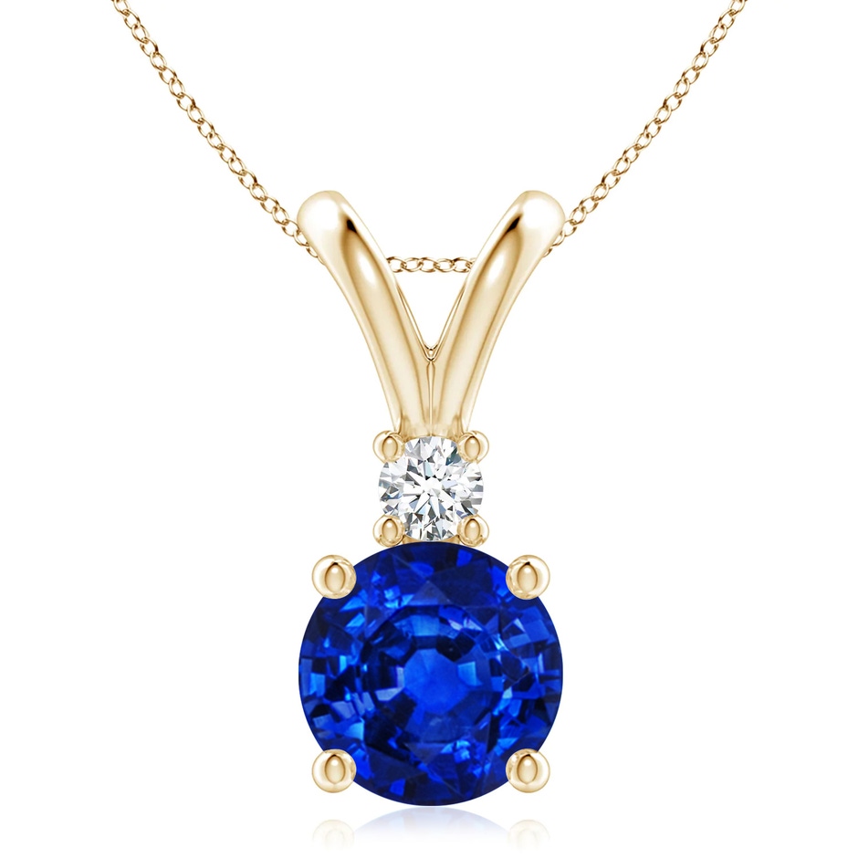 9mm AAAA Round Blue Sapphire Solitaire V-Bale Pendant with Diamond in Yellow Gold 