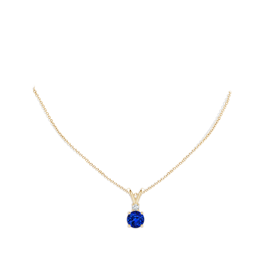 9mm AAAA Round Blue Sapphire Solitaire V-Bale Pendant with Diamond in Yellow Gold pen