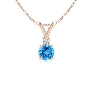 5mm AAA Round Swiss Blue Topaz Solitaire V-Bale Pendant with Diamond in Rose Gold