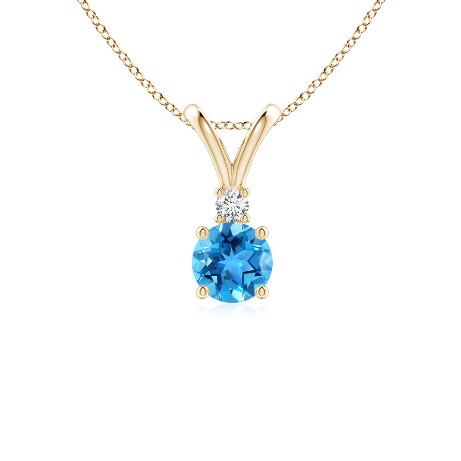 5mm AAA Round Swiss Blue Topaz Solitaire V-Bale Pendant with Diamond in Yellow Gold 