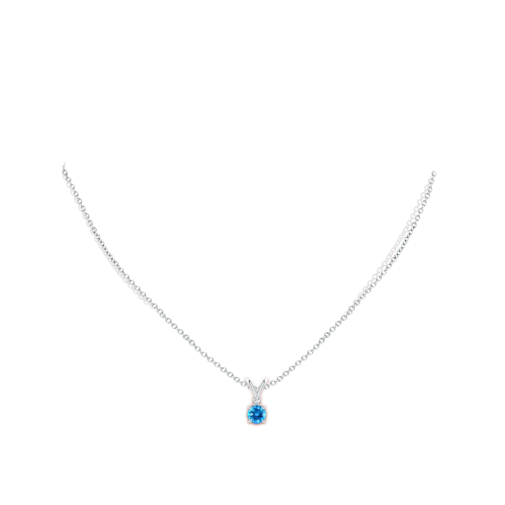 5mm AAAA Round Swiss Blue Topaz Solitaire V-Bale Pendant with Diamond in White Gold Body-Neck