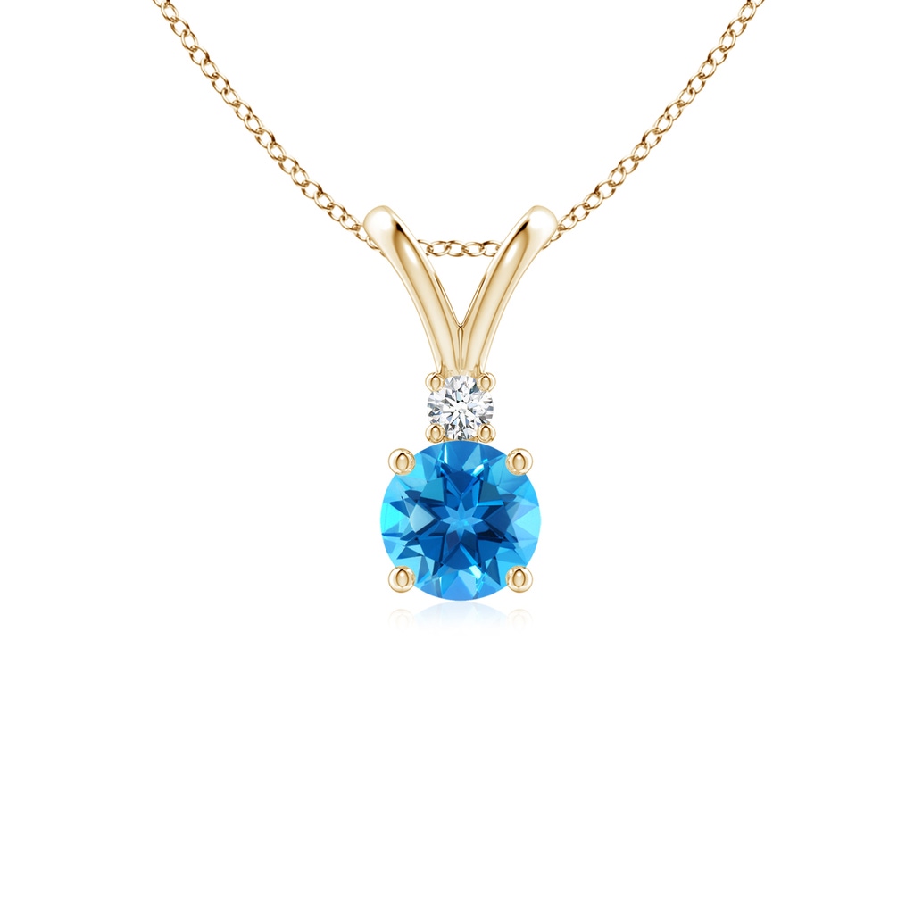 5mm AAAA Round Swiss Blue Topaz Solitaire V-Bale Pendant with Diamond in Yellow Gold