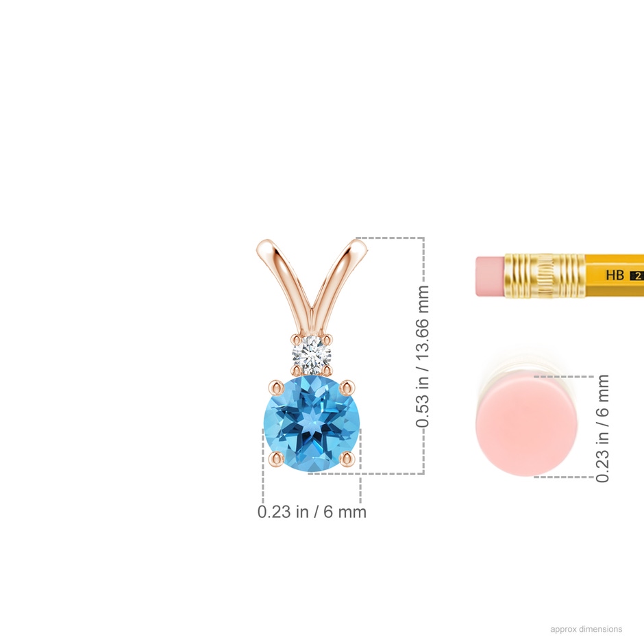 6mm AA Round Swiss Blue Topaz Solitaire V-Bale Pendant with Diamond in Rose Gold ruler