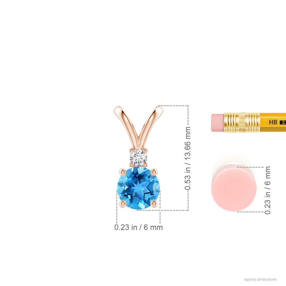 6mm AAA Round Swiss Blue Topaz Solitaire V-Bale Pendant with Diamond in Rose Gold ruler