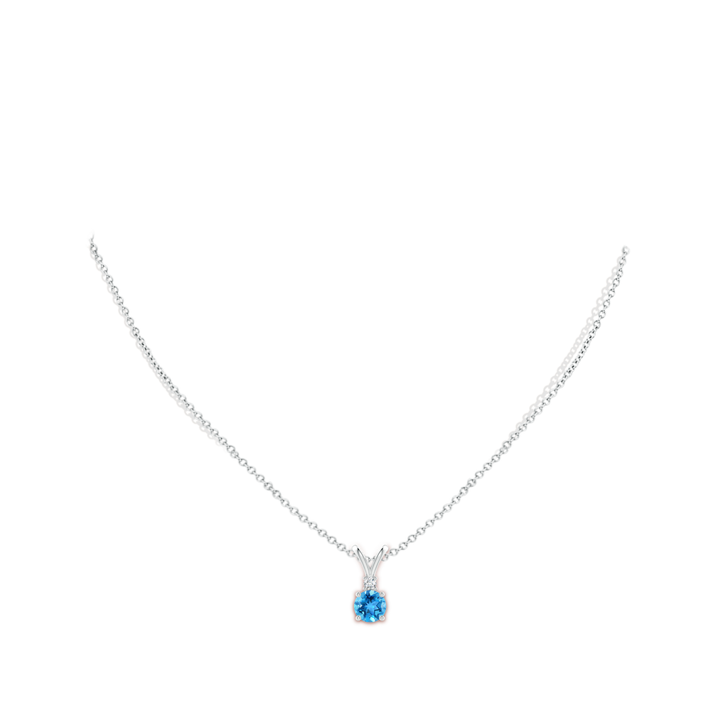 6mm AAA Round Swiss Blue Topaz Solitaire V-Bale Pendant with Diamond in White Gold Body-Neck
