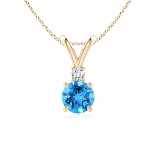 6mm AAA Round Swiss Blue Topaz Solitaire V-Bale Pendant with Diamond in Yellow Gold