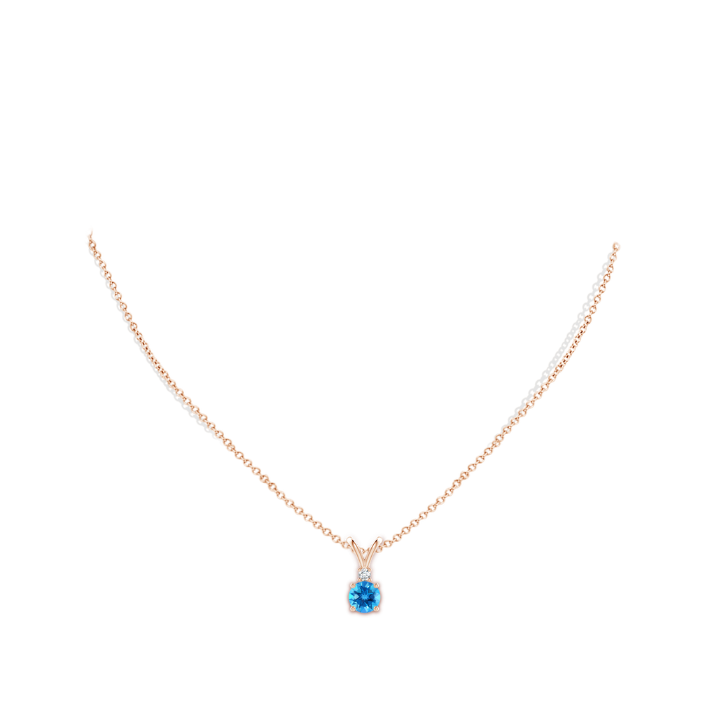 6mm AAAA Round Swiss Blue Topaz Solitaire V-Bale Pendant with Diamond in Rose Gold Body-Neck