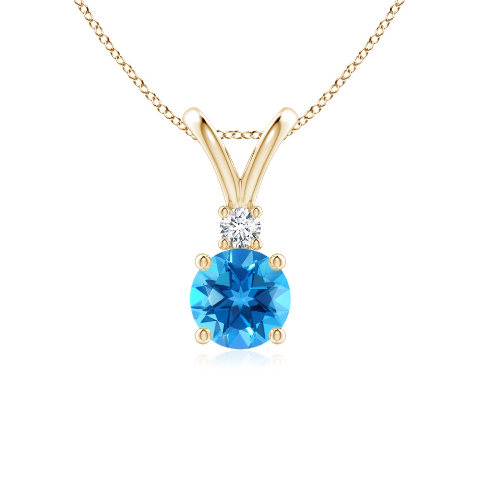 6mm AAAA Round Swiss Blue Topaz Solitaire V-Bale Pendant with Diamond in Yellow Gold 