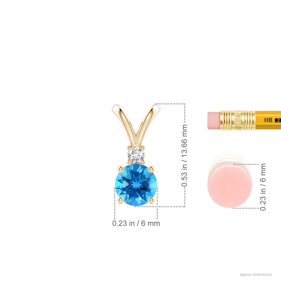 6mm AAAA Round Swiss Blue Topaz Solitaire V-Bale Pendant with Diamond in Yellow Gold ruler