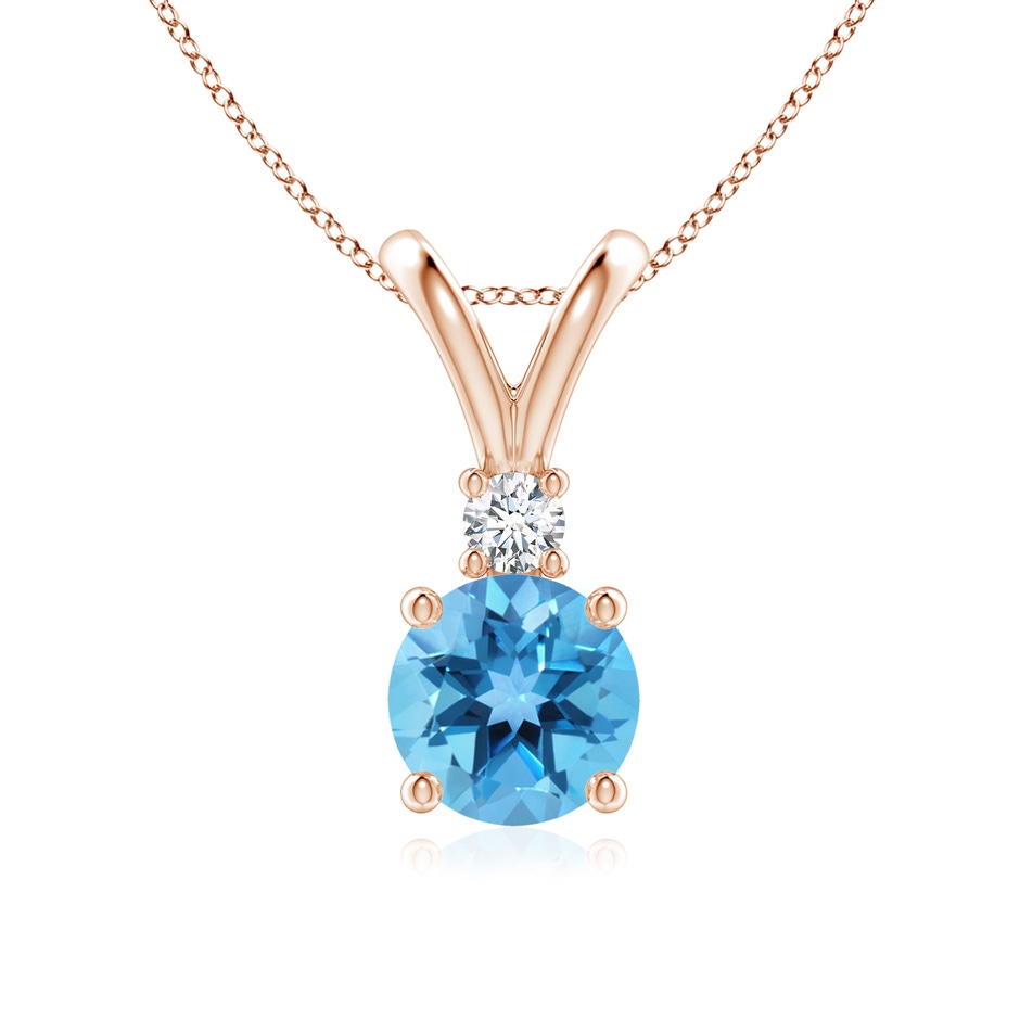 7mm AA Round Swiss Blue Topaz Solitaire V-Bale Pendant with Diamond in Rose Gold 