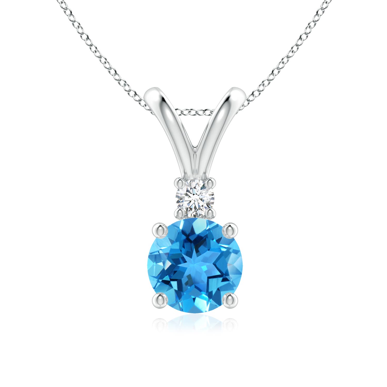 7mm AAA Round Swiss Blue Topaz Solitaire V-Bale Pendant with Diamond in White Gold