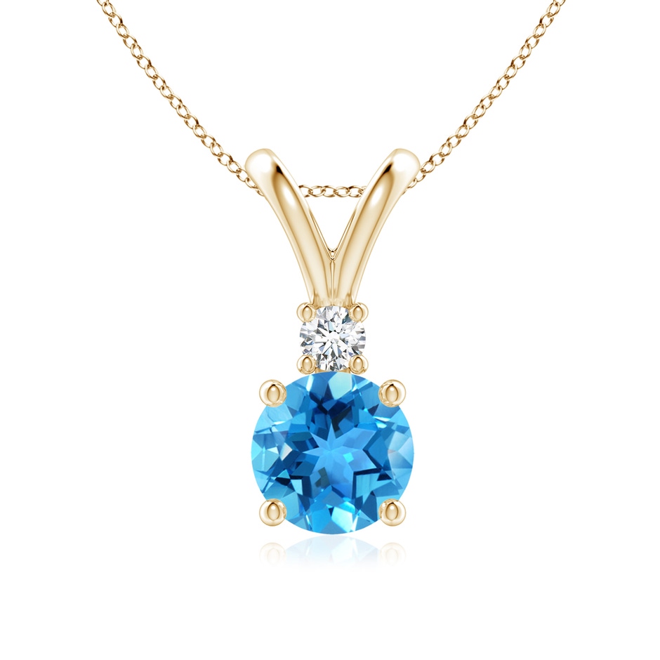 7mm AAA Round Swiss Blue Topaz Solitaire V-Bale Pendant with Diamond in Yellow Gold 