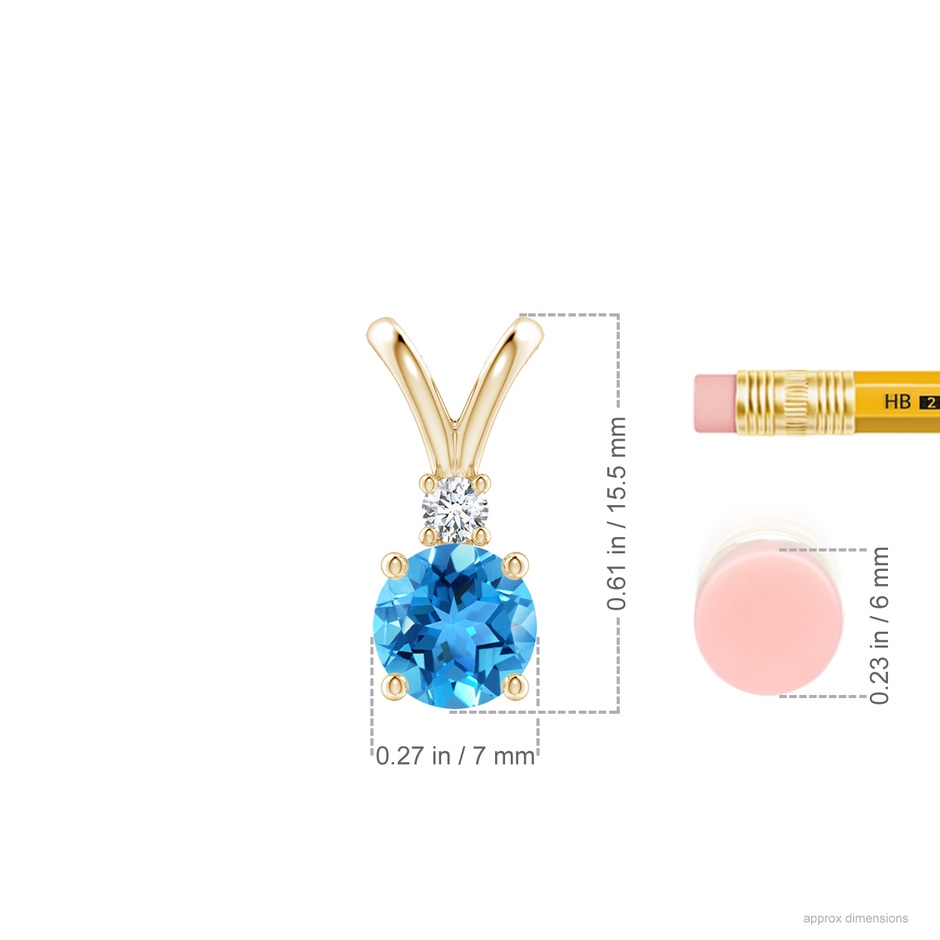 7mm AAA Round Swiss Blue Topaz Solitaire V-Bale Pendant with Diamond in Yellow Gold ruler