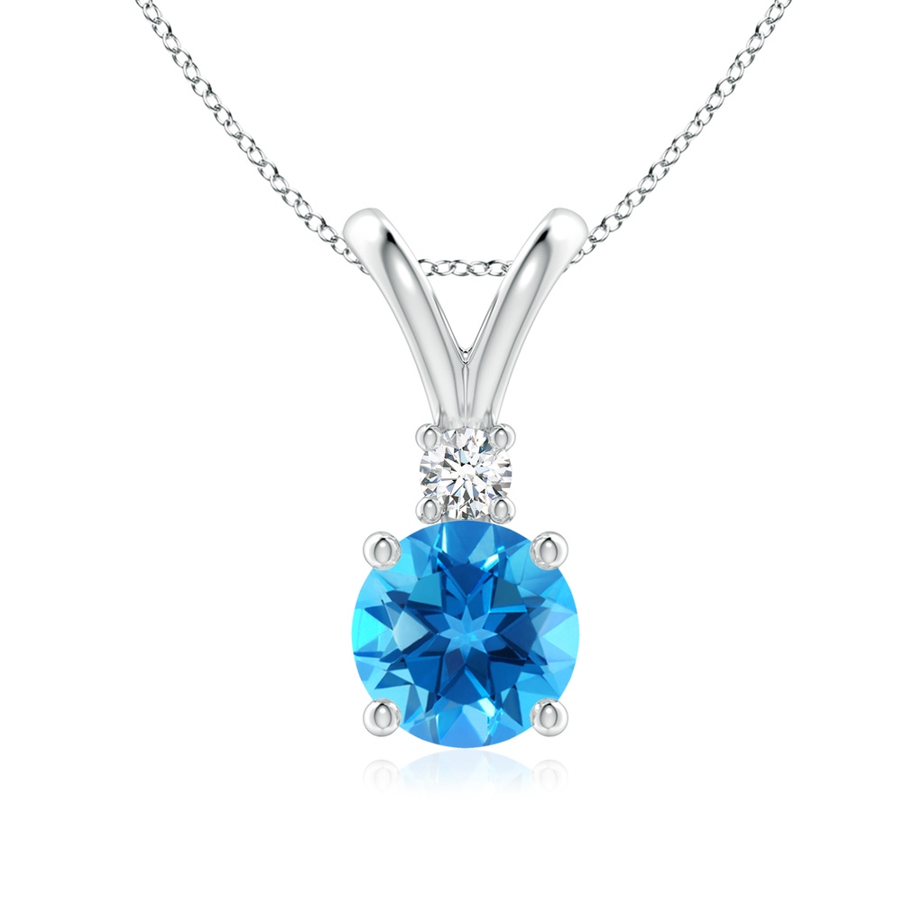 7mm AAAA Round Swiss Blue Topaz Solitaire V-Bale Pendant with Diamond in White Gold