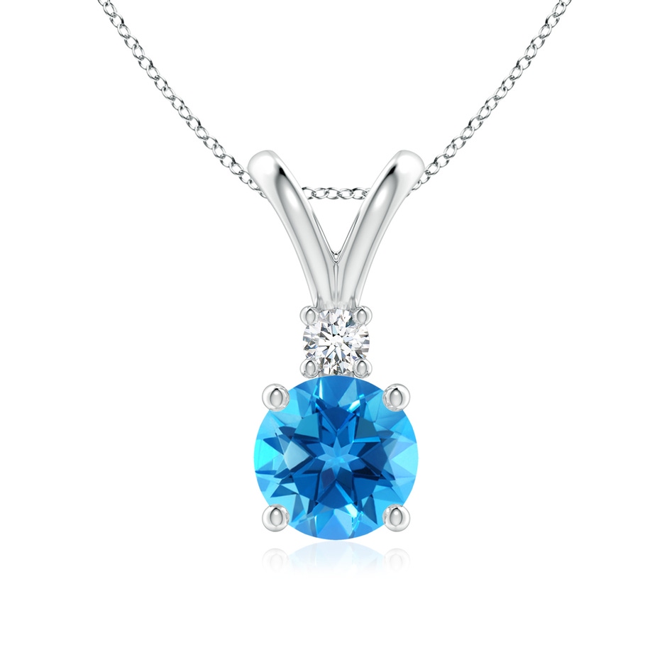 7mm AAAA Round Swiss Blue Topaz Solitaire V-Bale Pendant with Diamond in White Gold 