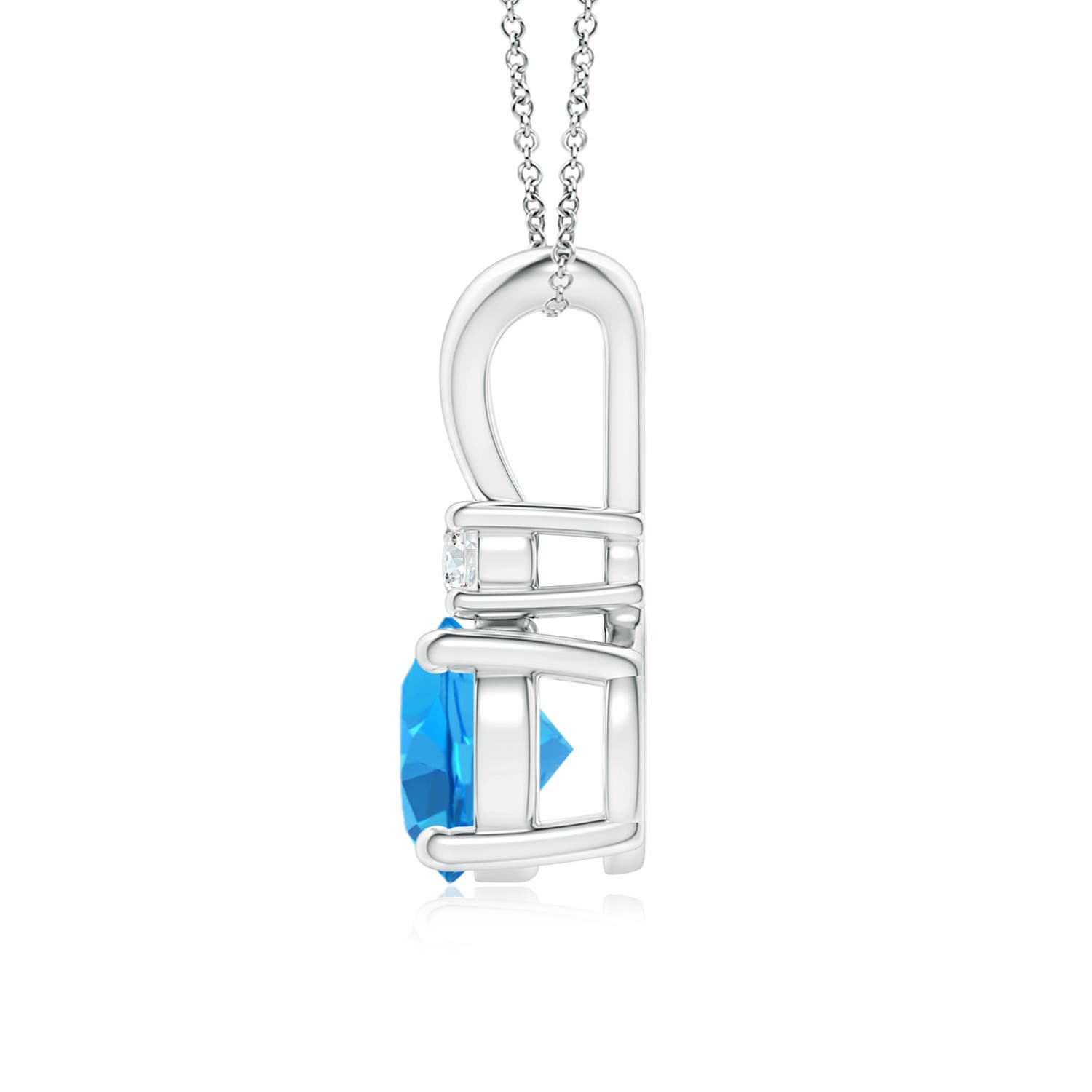 7mm AAAA Round Swiss Blue Topaz Solitaire V-Bale Pendant with Diamond in White Gold