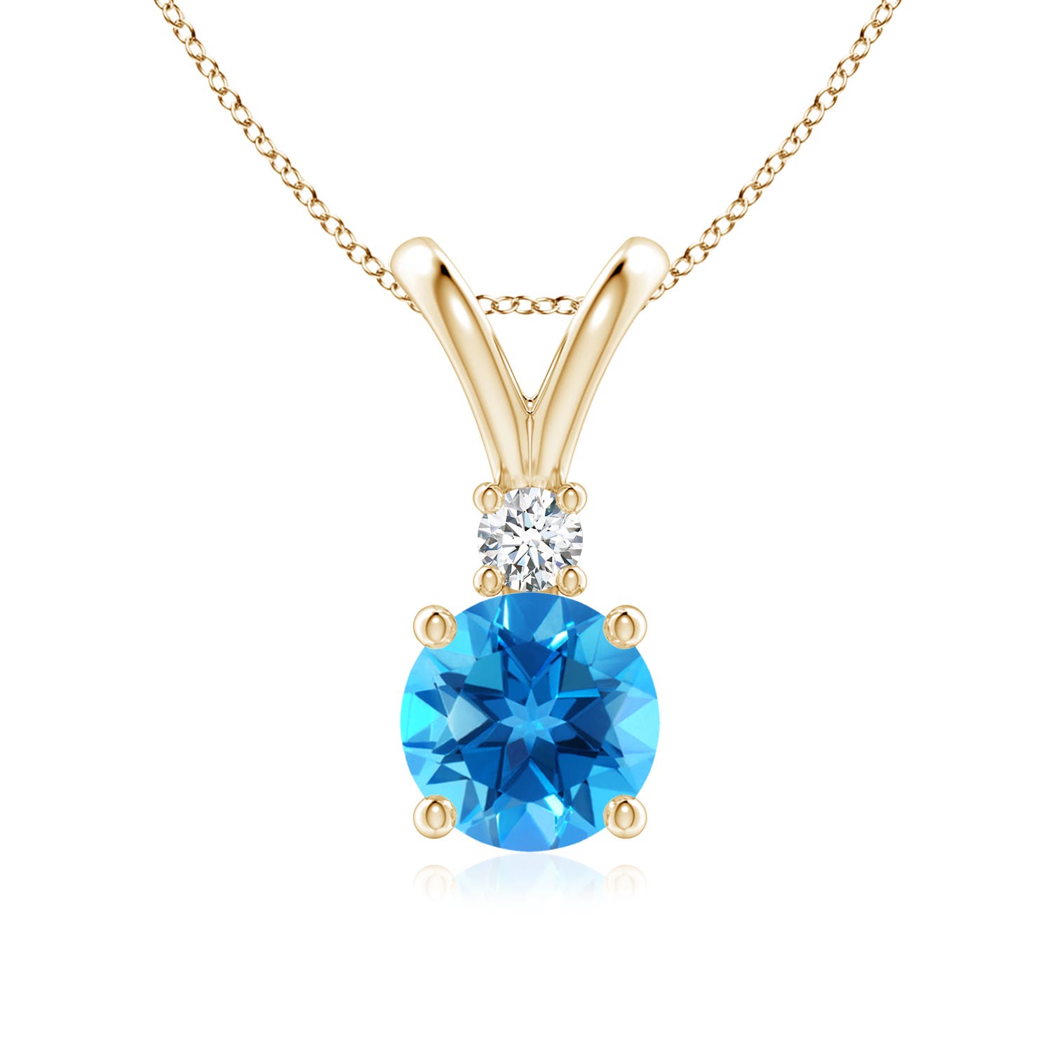 7mm AAAA Round Swiss Blue Topaz Solitaire V-Bale Pendant with Diamond in Yellow Gold