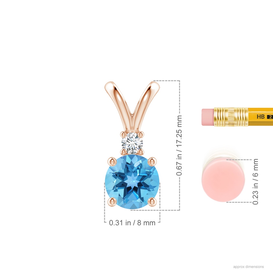 8mm AA Round Swiss Blue Topaz Solitaire V-Bale Pendant with Diamond in Rose Gold ruler