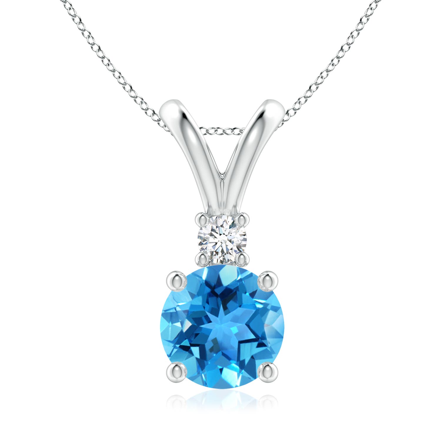 8mm AAA Round Swiss Blue Topaz Solitaire V-Bale Pendant with Diamond in White Gold
