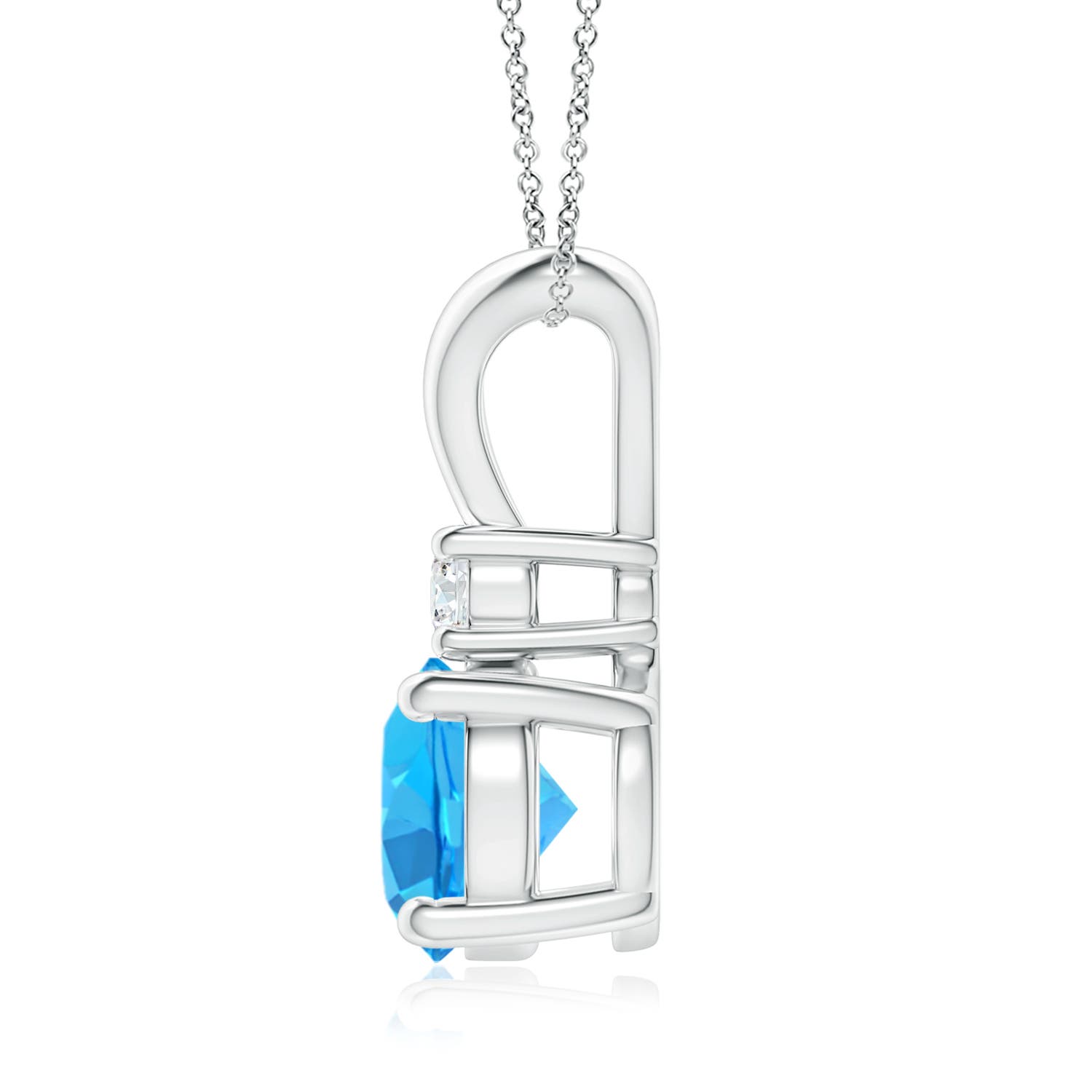 8mm AAA Round Swiss Blue Topaz Solitaire V-Bale Pendant with Diamond in White Gold