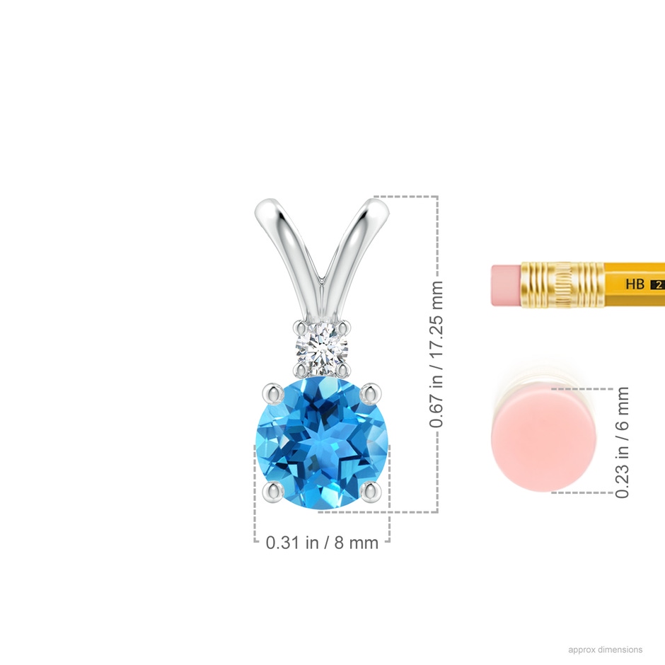 8mm AAA Round Swiss Blue Topaz Solitaire V-Bale Pendant with Diamond in White Gold ruler