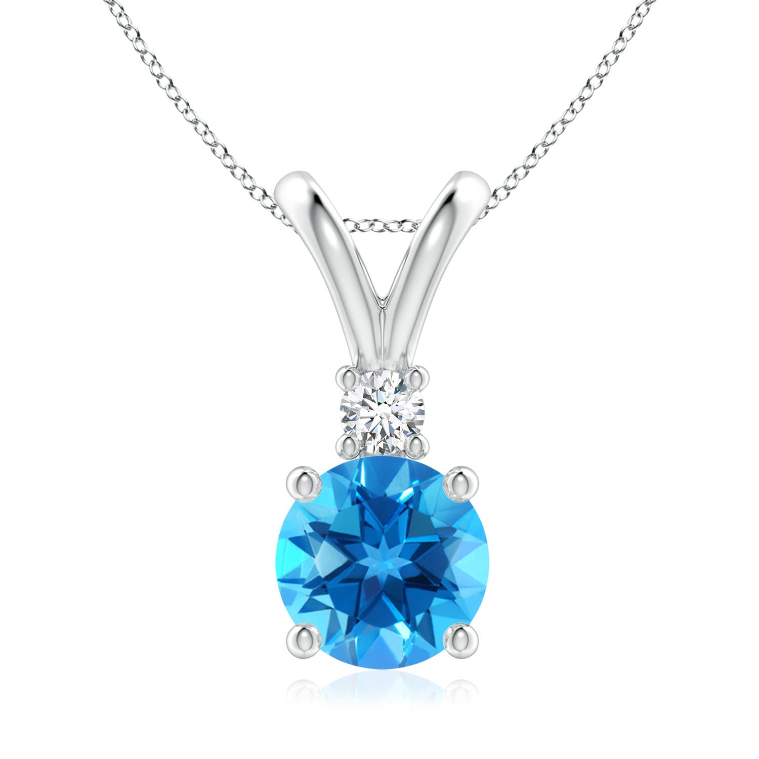 8mm AAAA Round Swiss Blue Topaz Solitaire V-Bale Pendant with Diamond in White Gold