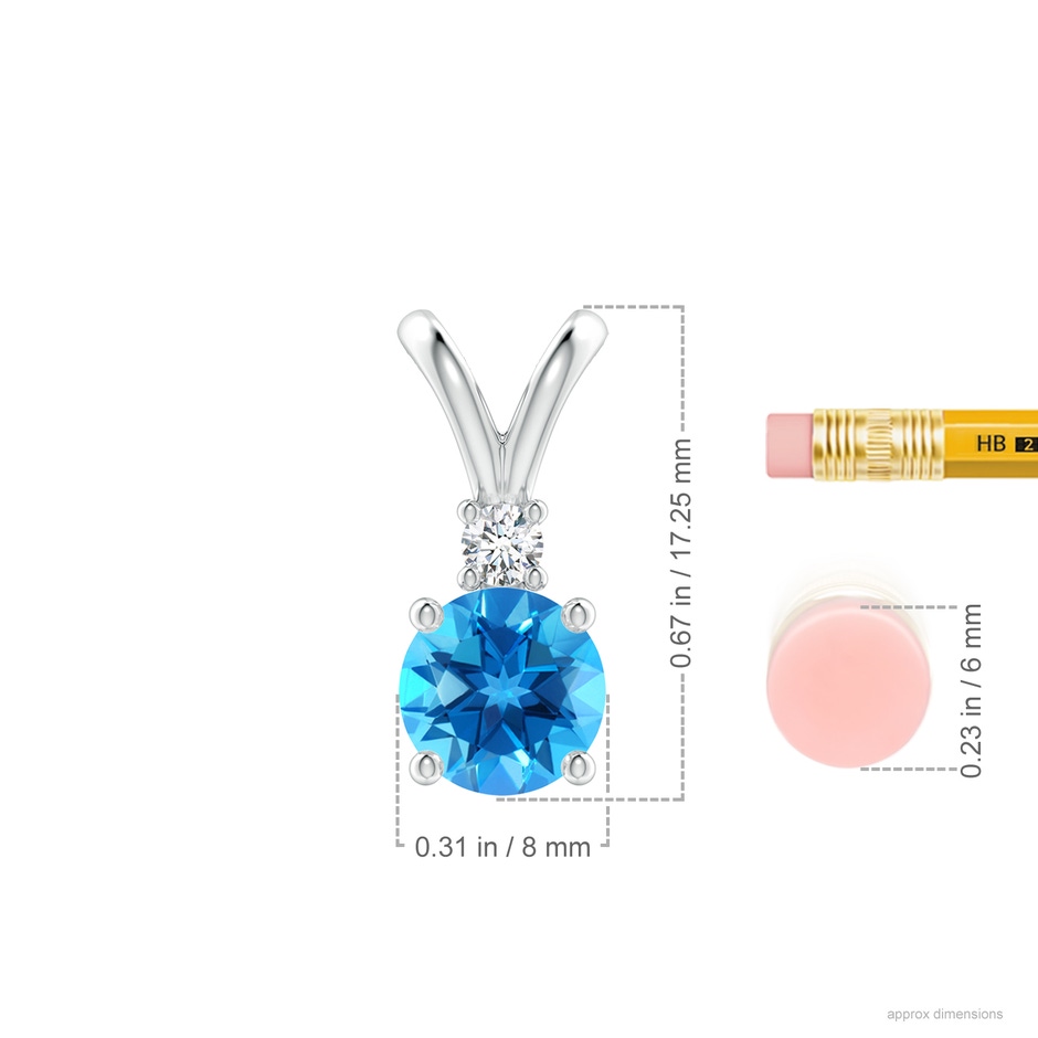 8mm AAAA Round Swiss Blue Topaz Solitaire V-Bale Pendant with Diamond in White Gold ruler