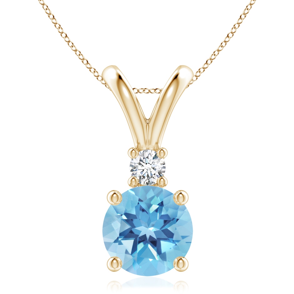 9mm A Round Swiss Blue Topaz Solitaire V-Bale Pendant with Diamond in Yellow Gold 