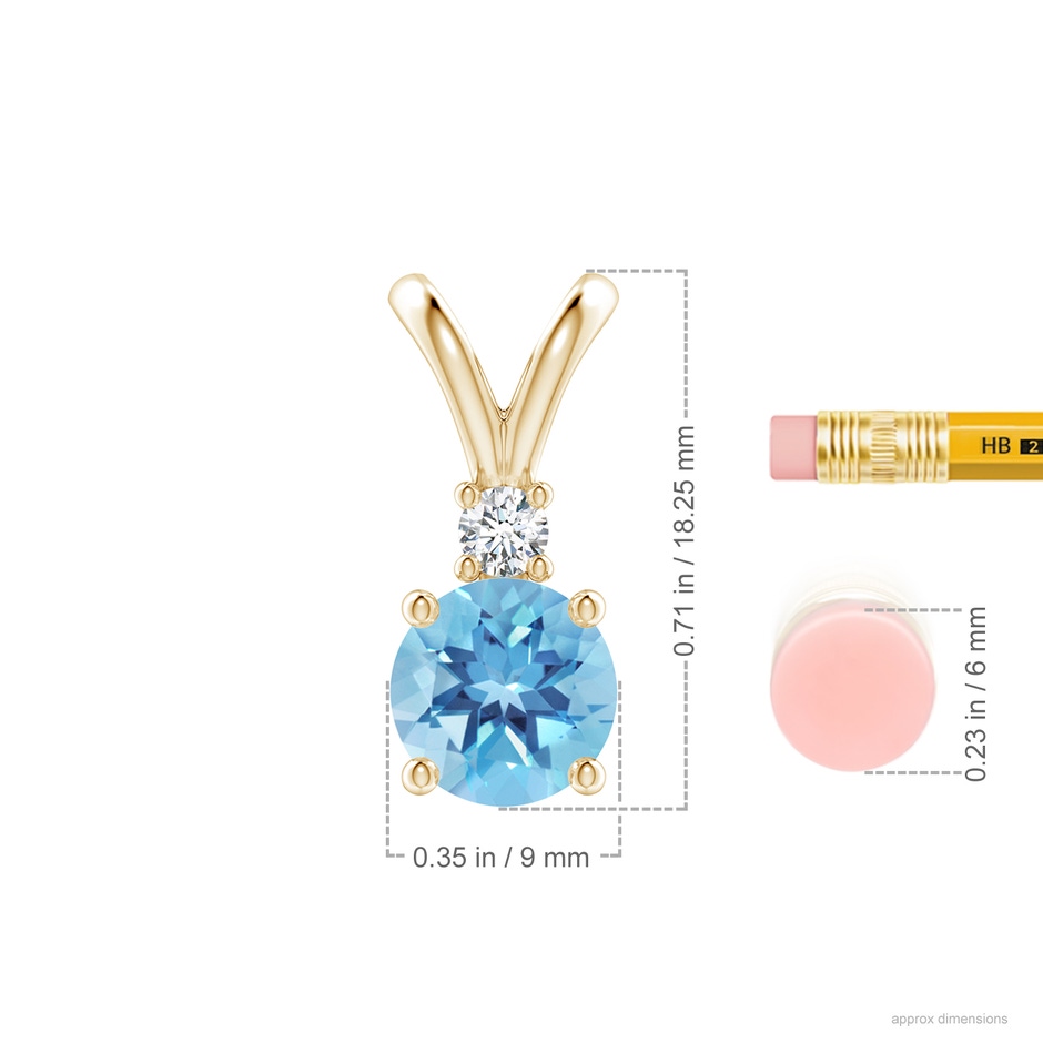 9mm A Round Swiss Blue Topaz Solitaire V-Bale Pendant with Diamond in Yellow Gold ruler