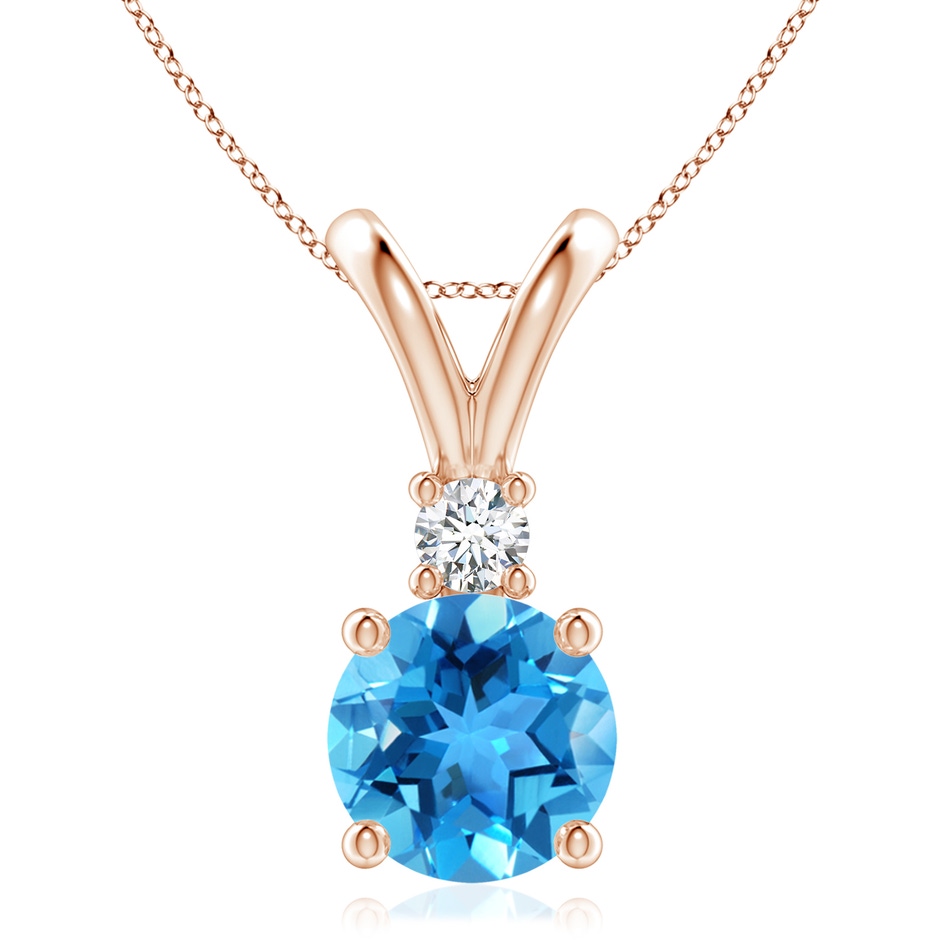 9mm AAA Round Swiss Blue Topaz Solitaire V-Bale Pendant with Diamond in Rose Gold 