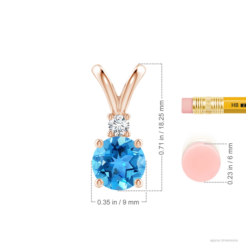 9mm AAA Round Swiss Blue Topaz Solitaire V-Bale Pendant with Diamond in Rose Gold ruler