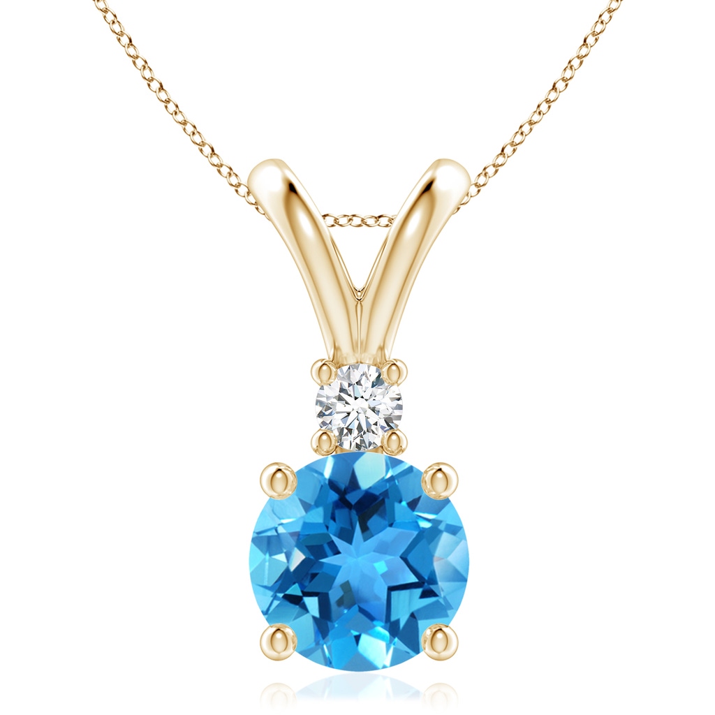 9mm AAA Round Swiss Blue Topaz Solitaire V-Bale Pendant with Diamond in Yellow Gold