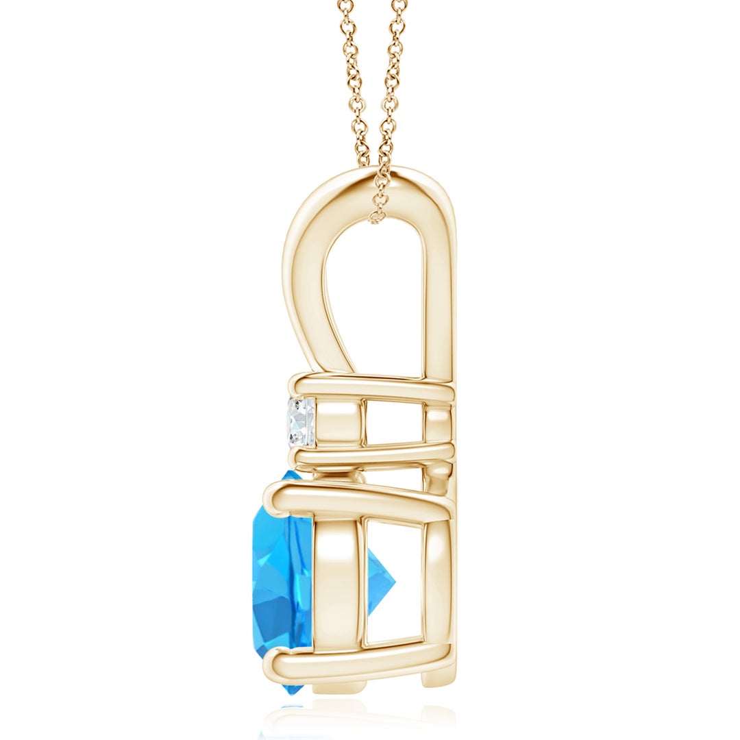 9mm AAA Round Swiss Blue Topaz Solitaire V-Bale Pendant with Diamond in Yellow Gold - side 3