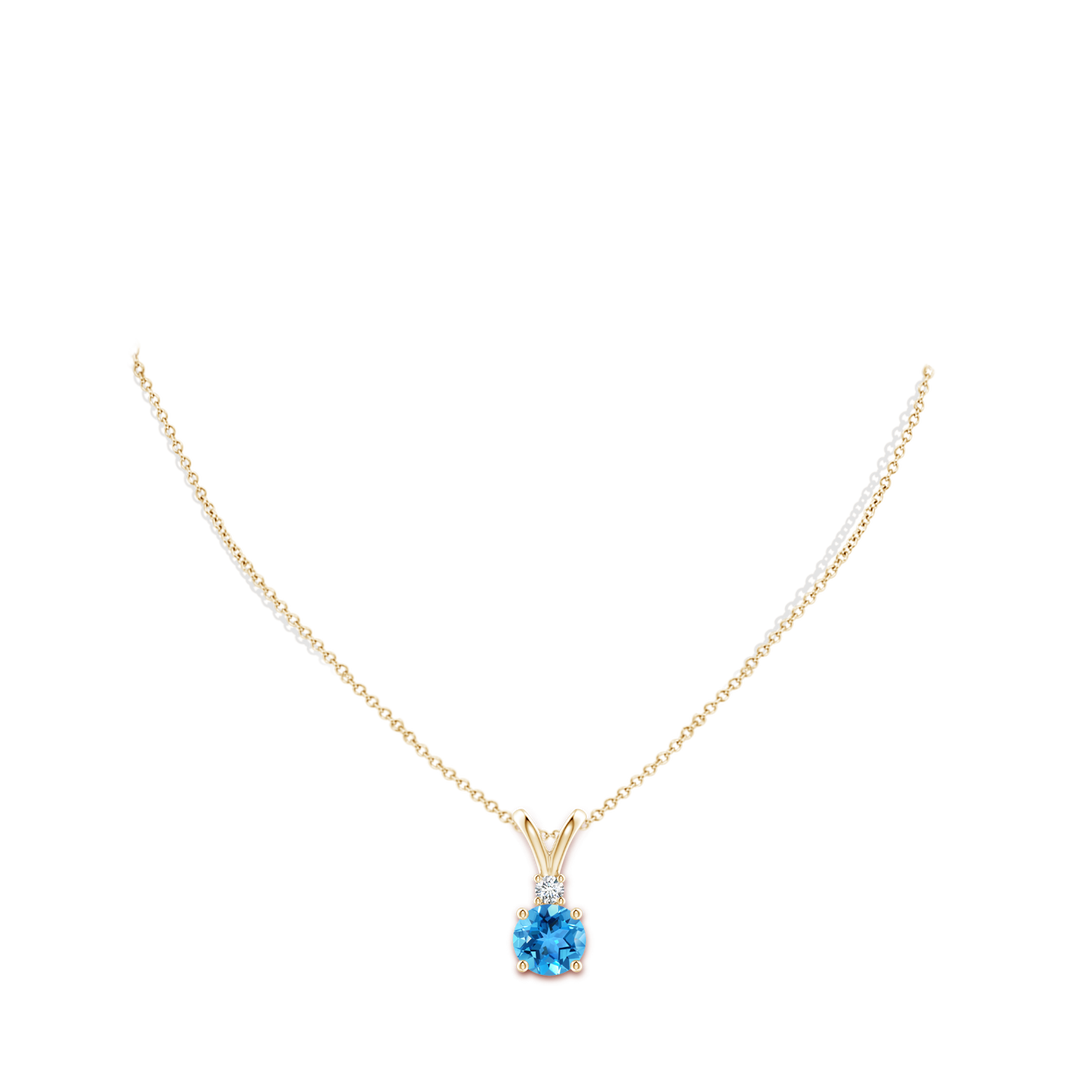 9mm AAA Round Swiss Blue Topaz Solitaire V-Bale Pendant with Diamond in Yellow Gold - body_neck