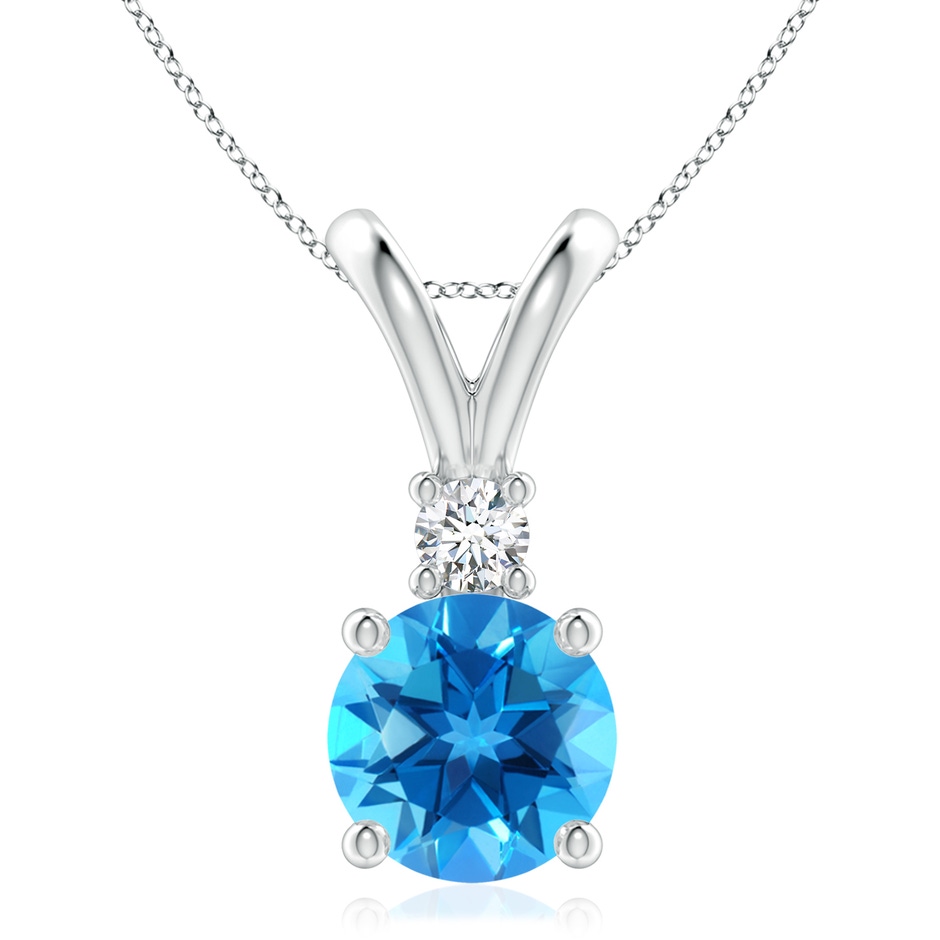 9mm AAAA Round Swiss Blue Topaz Solitaire V-Bale Pendant with Diamond in White Gold 