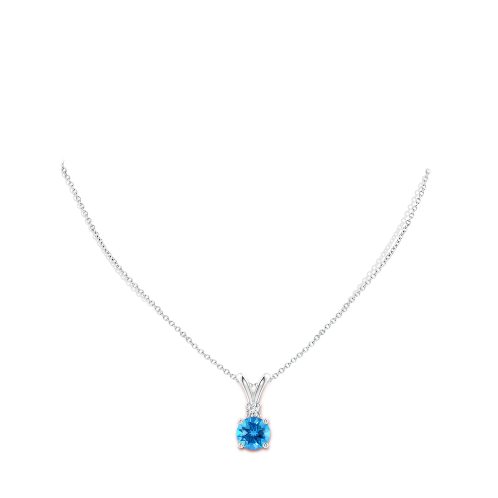 9mm AAAA Round Swiss Blue Topaz Solitaire V-Bale Pendant with Diamond in White Gold Body-Neck