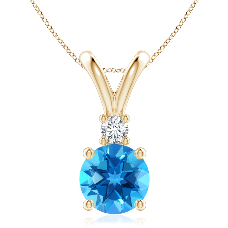 9mm AAAA Round Swiss Blue Topaz Solitaire V-Bale Pendant with Diamond in Yellow Gold 