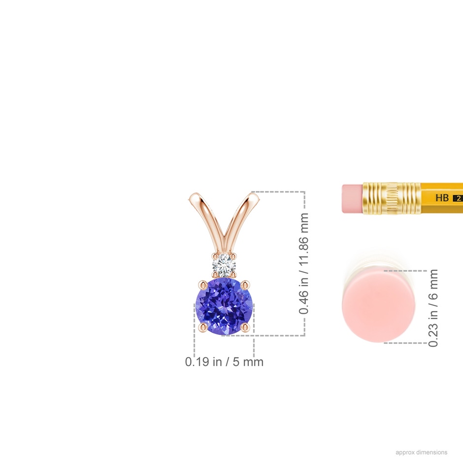 5mm AAAA Round Tanzanite Solitaire V-Bale Pendant with Diamond in Rose Gold ruler