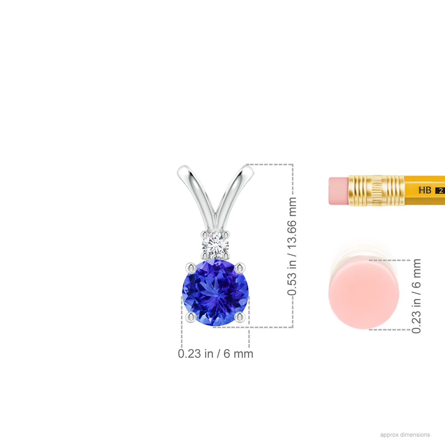 6mm AAA Round Tanzanite Solitaire V-Bale Pendant with Diamond in White Gold - ruler