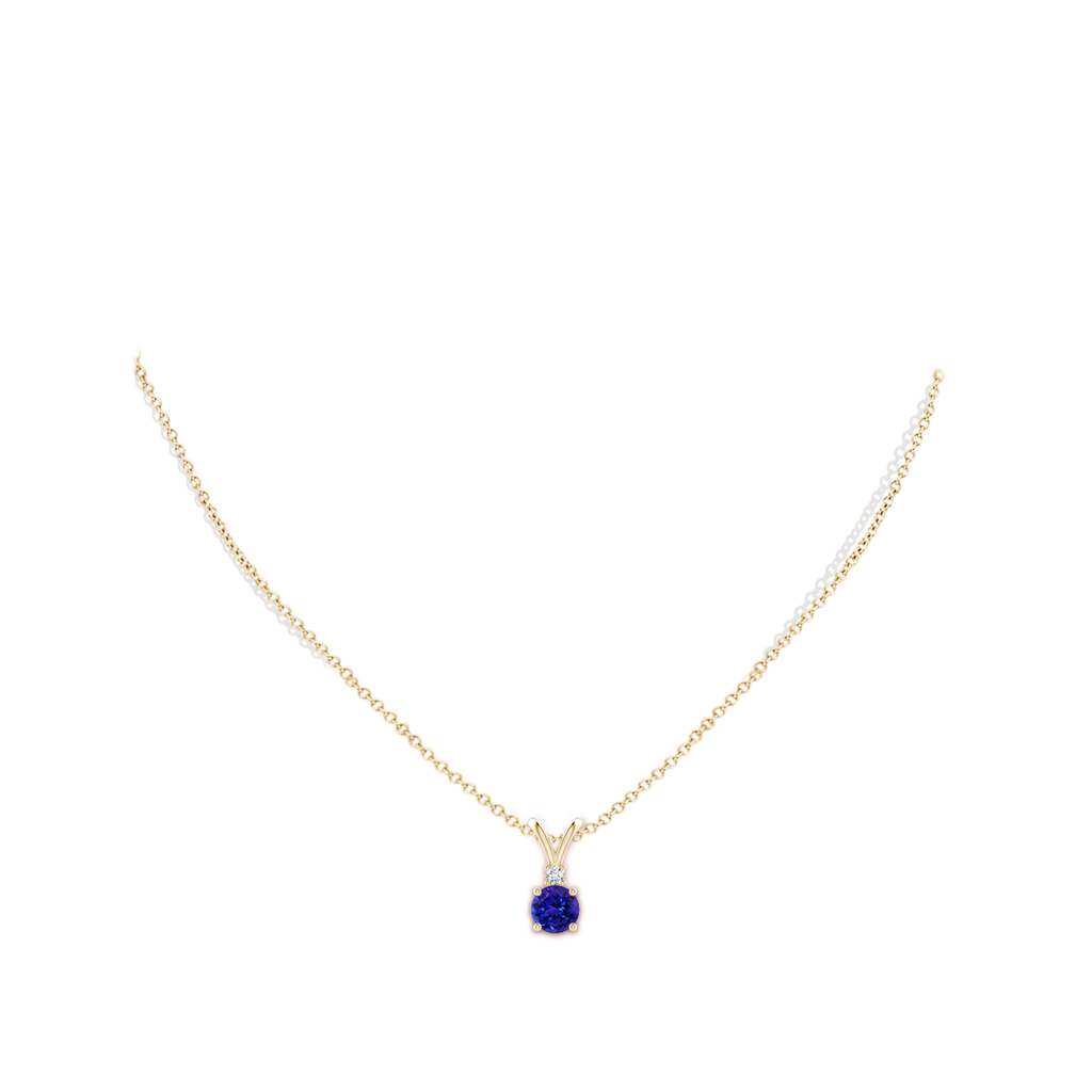6mm AAAA Round Tanzanite Solitaire V-Bale Pendant with Diamond in Yellow Gold Body-Neck