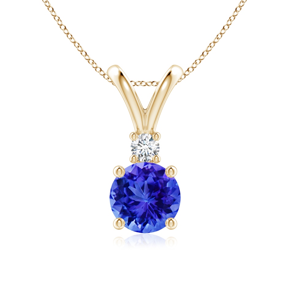 7mm AAA Round Tanzanite Solitaire V-Bale Pendant with Diamond in Yellow Gold 