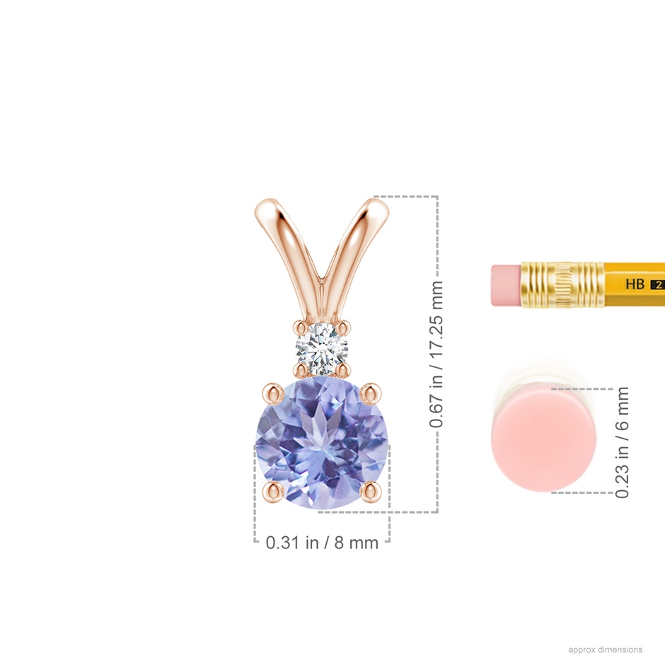 8mm A Round Tanzanite Solitaire V-Bale Pendant with Diamond in Rose Gold ruler