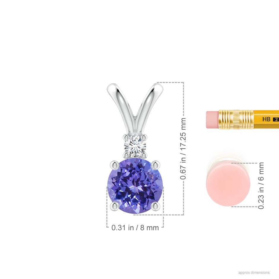 8mm AA Round Tanzanite Solitaire V-Bale Pendant with Diamond in White Gold ruler
