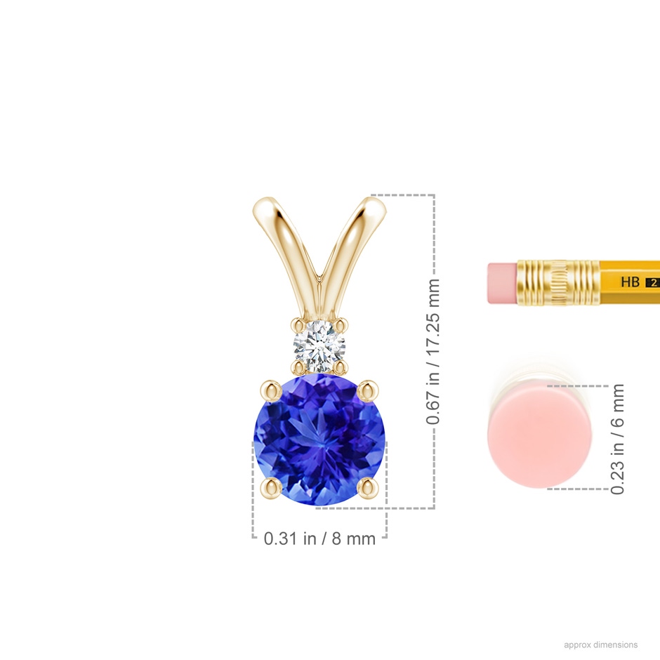 8mm AAA Round Tanzanite Solitaire V-Bale Pendant with Diamond in Yellow Gold ruler