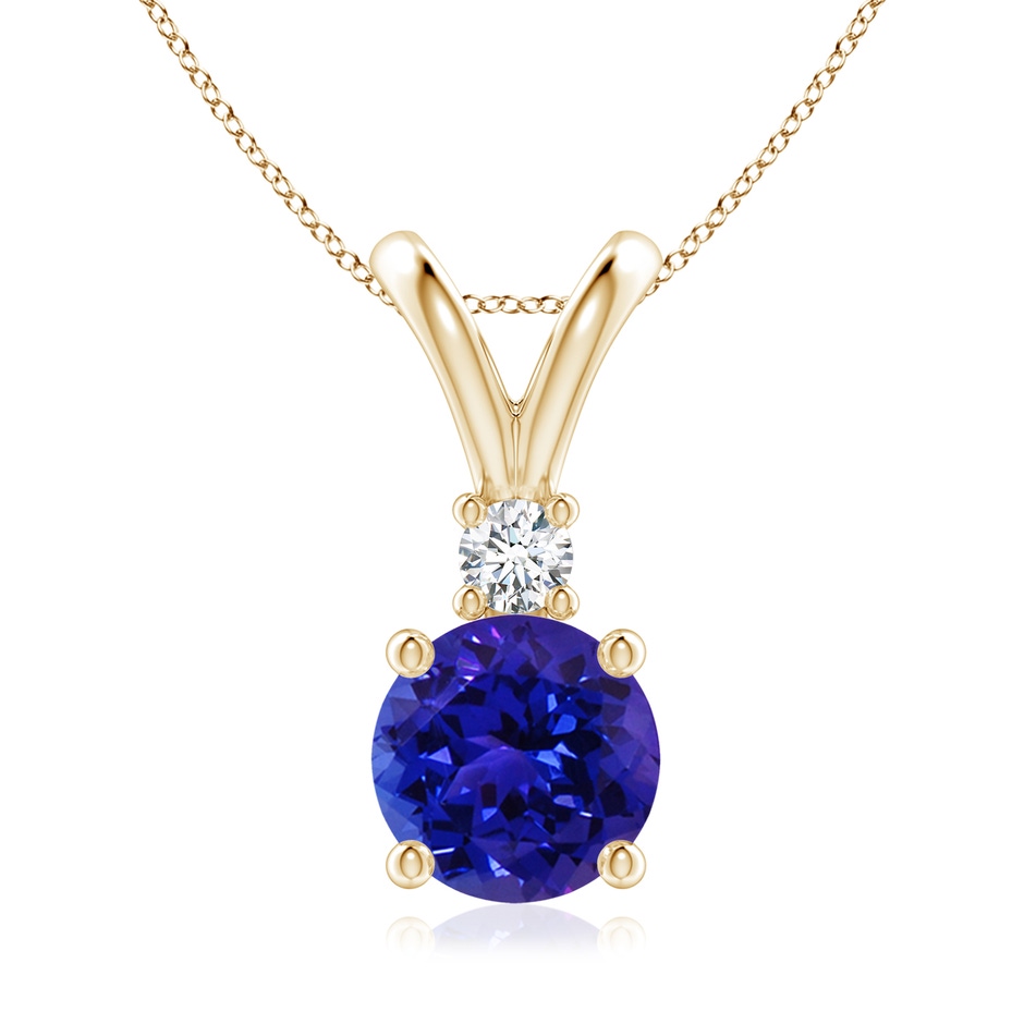 8mm AAAA Round Tanzanite Solitaire V-Bale Pendant with Diamond in Yellow Gold 