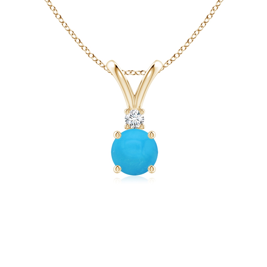 5mm AAAA Round Turquoise Solitaire V-Bale Pendant with Diamond in Yellow Gold