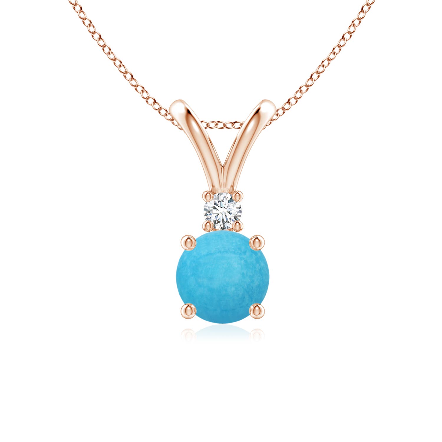 6mm A Round Turquoise Solitaire V-Bale Pendant with Diamond in Rose Gold
